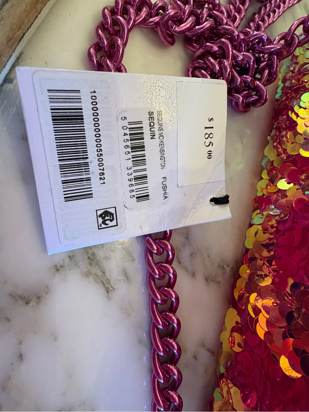Kurt Geiger Kensington Fuchsia Pink and Gold Sequin Chain Crossbody Bag - Picture 13 of 13